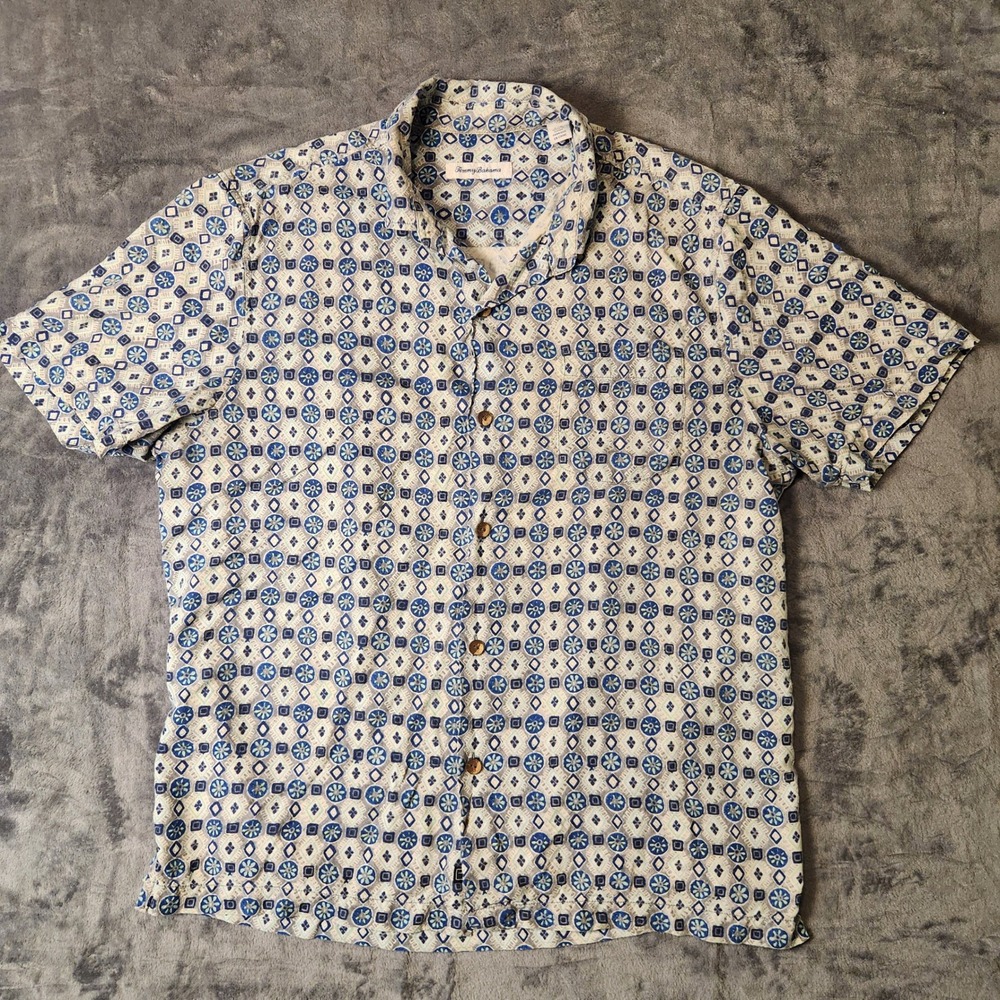 Tommy Bahama Mens Shirt Large Silk Short Sleeve Button Down Blue Geometric Print